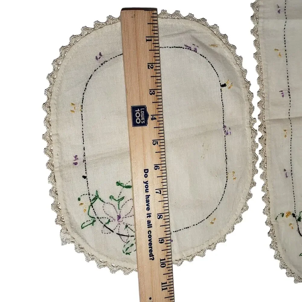 VTG TABLE RUNNERS SET OF 2 PURPLE FLOWER EMBROIDERED DRESSER SCARF ESTATE VANITY